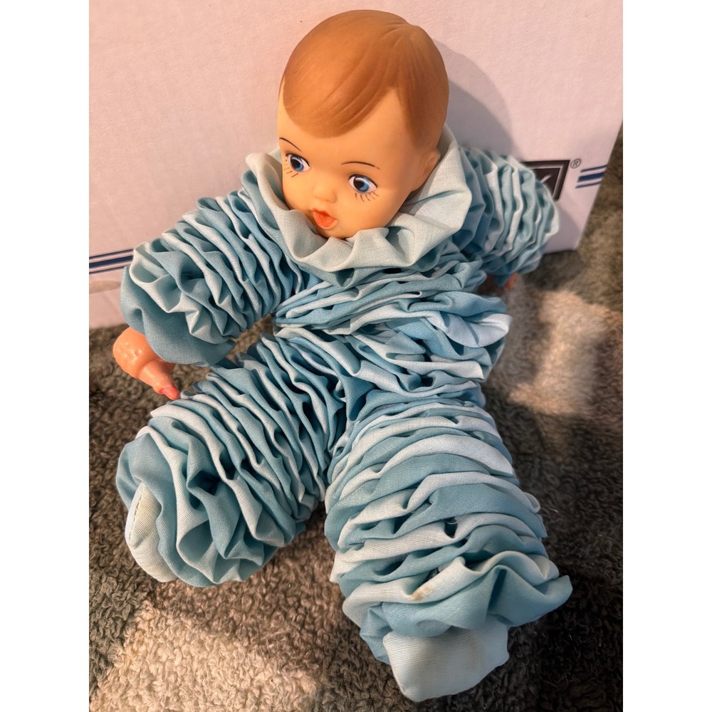 Vintage Blue Popcorn Doll Ruffle Bubble Suit Baby Vinyl Face 1970s Kitsch Toy